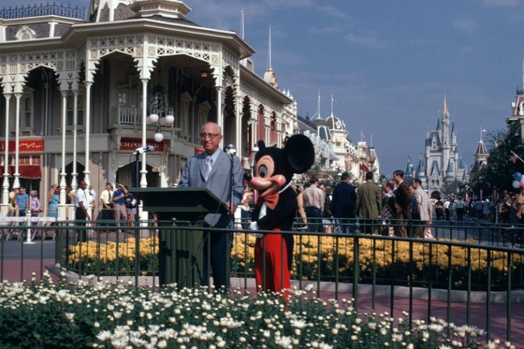 Roy Disney with Mickey Mouse on Walt Disney World's Opening Day